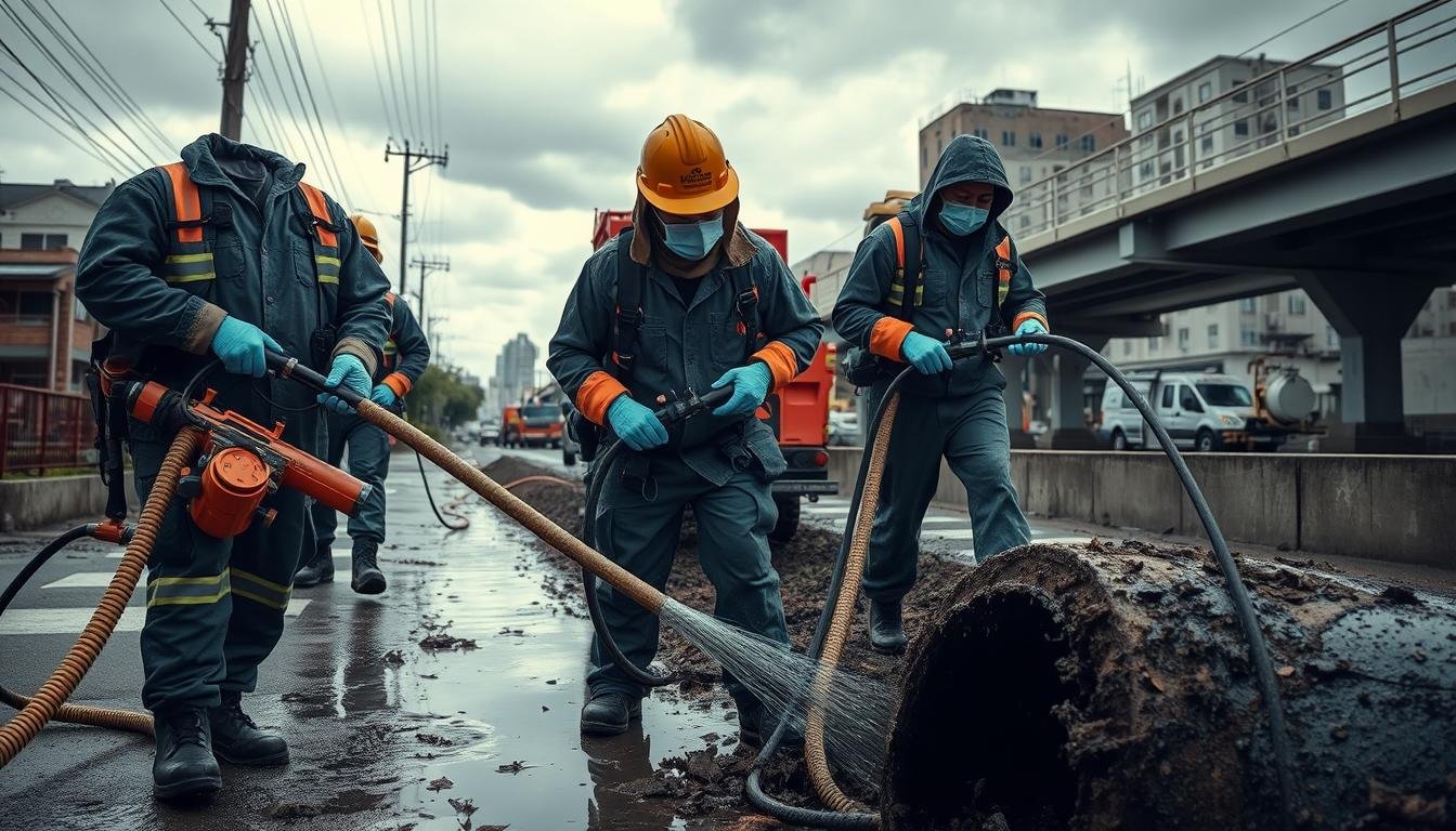 Professional technician in PPE handling contaminated water cleanup